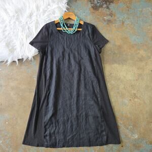 J Jill Pure Jill Linen Dress Size M Black Short Sleeve Swing Lagenlook Natural